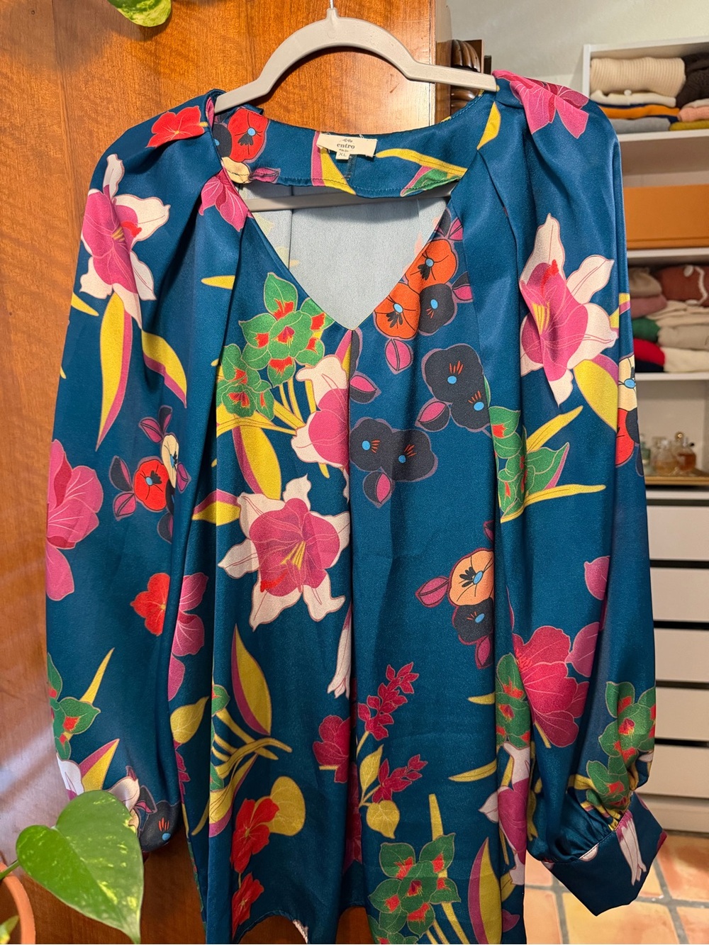 Entro Teal Multicolor Floral V-Neck Blouse Puff Sleeve XL